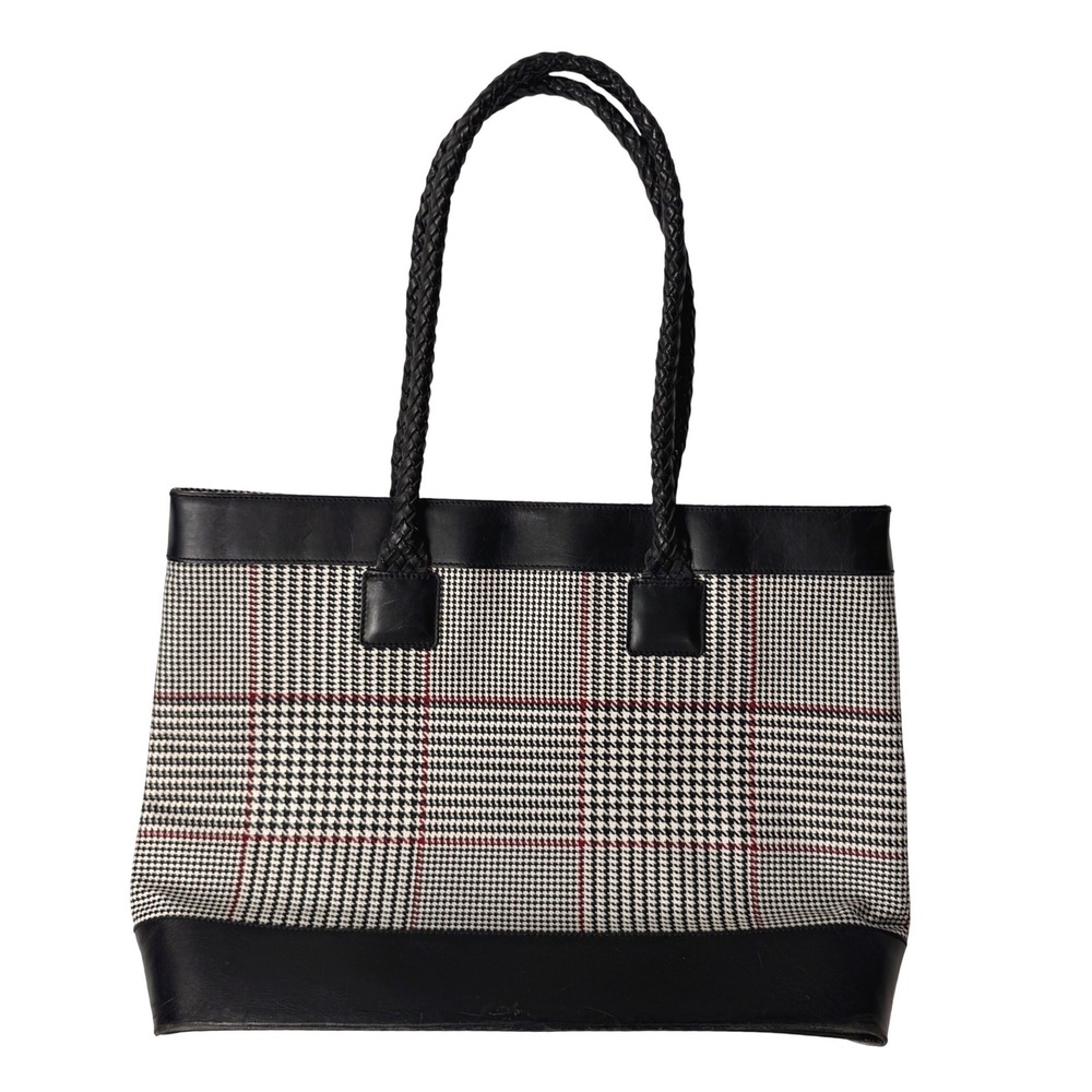 Lauren Ralph Lauren Plaid‎ Leather Trim Large Tote Bag Braided Handle